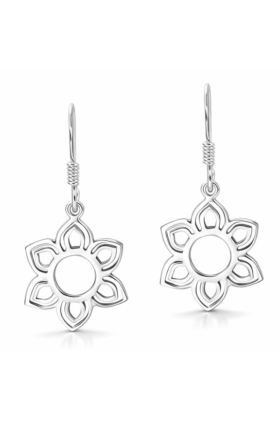 Yoga Asana Lotus Flower Shiny Sterling Silver Dangle Earrings