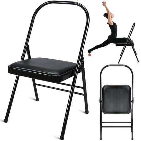 Yoga Auxiliary Chair with Lumbar Back Support Backless Folding Chair Metal Foldable Flexibility Exercise Chair Balance Handstand Training Tool for Back Pain Relieving (Sit Style)