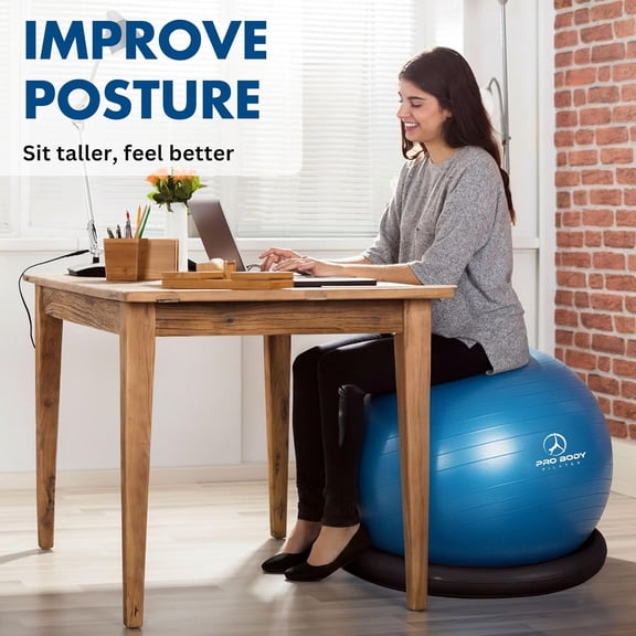 Yoga Ball Chair, Exercise Ball Chair with Base or Stand for Home Office Desk Sitting or Workout, 65cm Antiburst Balance & Stability Ball Seat, Large Gym Ball for Back, Abs