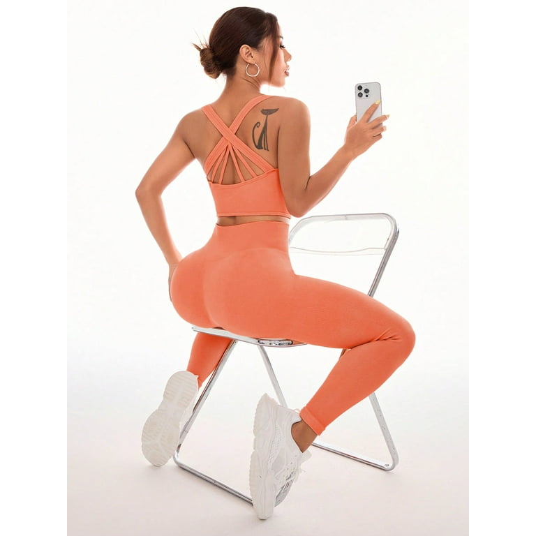 Yoga Basic 2pcs Seamless High Stretch Yoga Set Tracksuit Gym Set Crisscross Back Cami Hip hugging Tummy Control Leggings Walmart