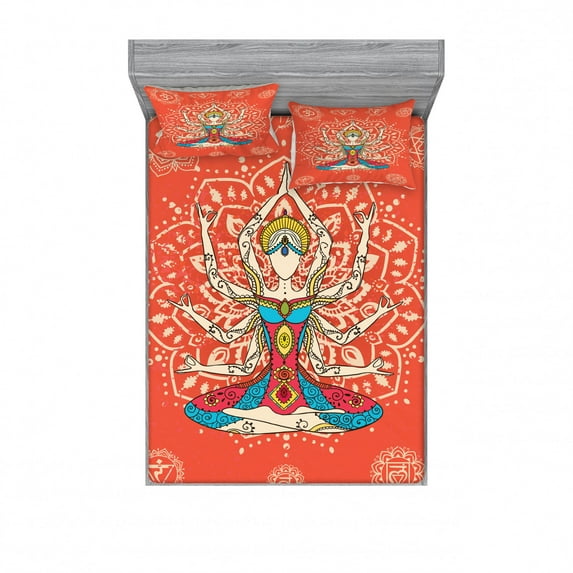 Yoga Bedding Set with Sheet & Covers, Yoga Technique with Costume Discipline Your Body and Mind Artprint, Printed Bedroom Decor 2 Shams, 4 Sizes, Cream Red Teal, by Ambesonne