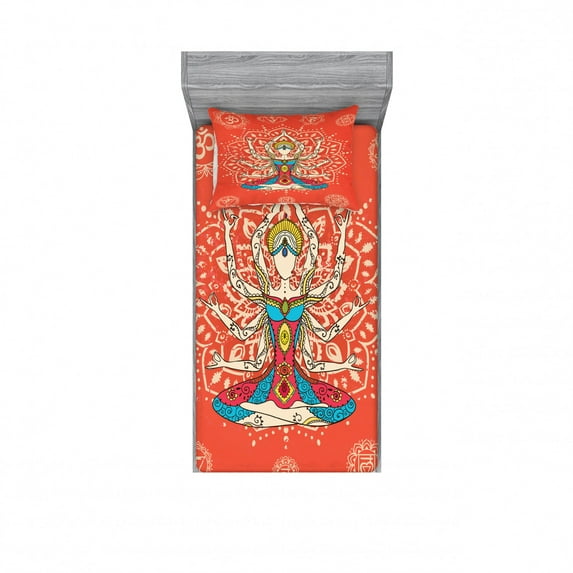 Yoga Bedding Set with Sheet & Covers, Yoga Technique with Costume Discipline Your Body and Mind Artprint, Printed Bedroom Decor 2 Shams, 4 Sizes, Cream Red Teal, by Ambesonne