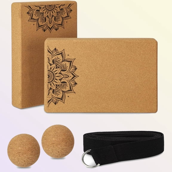 Yoga Block and Strap Ball Accessories Set, Natural Cork Blocks, Massage Balls, Stretch Strap, High Density Cork Bricks for Pilates Exercise Stretching