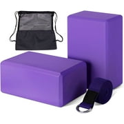 Yoga Block and Yoga Strap Set, 9×6×4 in 2 EVA Foam Soft Non-Slip Yoga Blocks with 6FT Metal D-Ring Strap with Storage Organizer Mesh Bag for Yoga General Fitness Pilates Stretching and Toning Purple