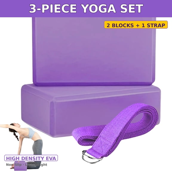 Yoga Block and Strap Set, 2 EVA Foam Blocks Plus Cotton Yoga Strap, Pilates Stretching Kit, Purple