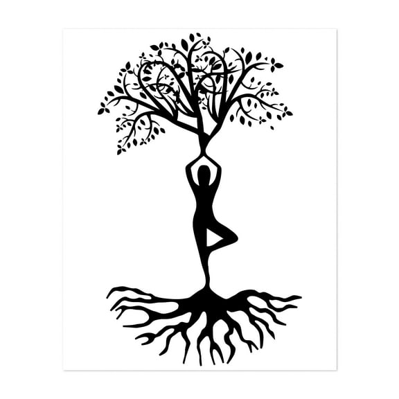 Yoga Body Tree With Roots Silhouette, Vrksasana - Digital Art Minimalist Nature Spiritual Black and White Unframed Wall Art Print 4 x 6 inches