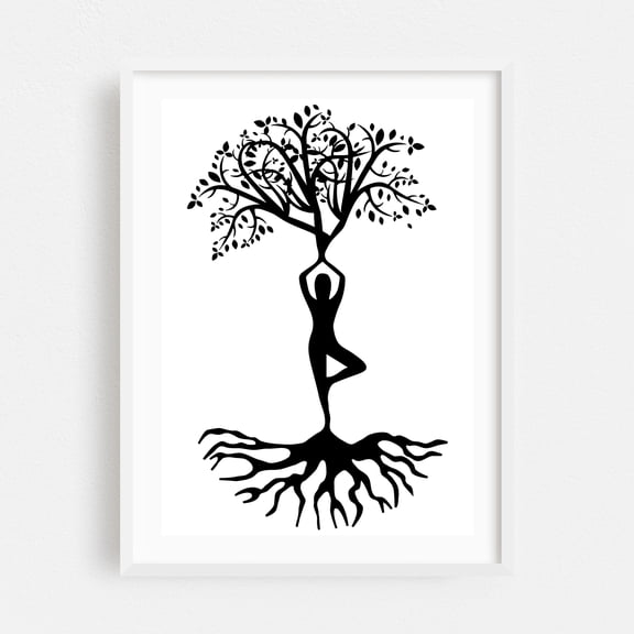 Yoga Body Tree With Roots Silhouette, Vrksasana - Digital Art Minimalist Nature Spiritual Black and White White Framed Wall Art Print 24 x 36 inches