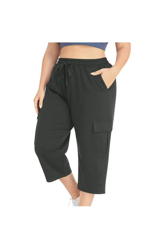 Plus Size Capris for Women Casual Solid Color Drawstring Waist Cargo Capri Pants with Multi Pocket