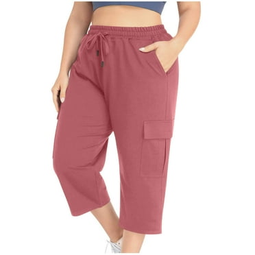 Jalioing Plus Size Capris for Women Casual Solid Color Drawstring Waist Cargo Capri Pants with Multi Pocket