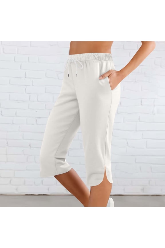 Yoga Capri for Women High Waisted Summer Elastic Waist Split Hem Palazzo Pants with Pockets