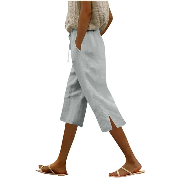 Yoga Capris Pants for Womens Side Split Drawstring Elastic Waist Yoga Pants Baggy Relaxed Fit Wide Leg Dressy Flowy Sweatpants Comfort Casual Sweat Pant Workout Running Gym Pants with Pockets