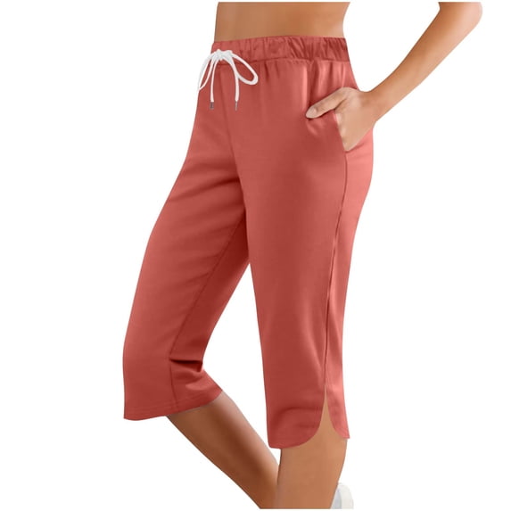 Yoga Capris Pants for Womens Summer Side Slit Drawstring Elastic Waist Capri Pants Light Breathable Leggings Athletic-Fit Quick-Dry Golf Pants Athletic Exercise Workout Crop Capris