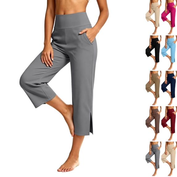 Yoga Capris for Women Tummy Control Stretch Wide Leg Workout Pants with Pockets Summer Lounge Athletic Trousers 2026 Gray L