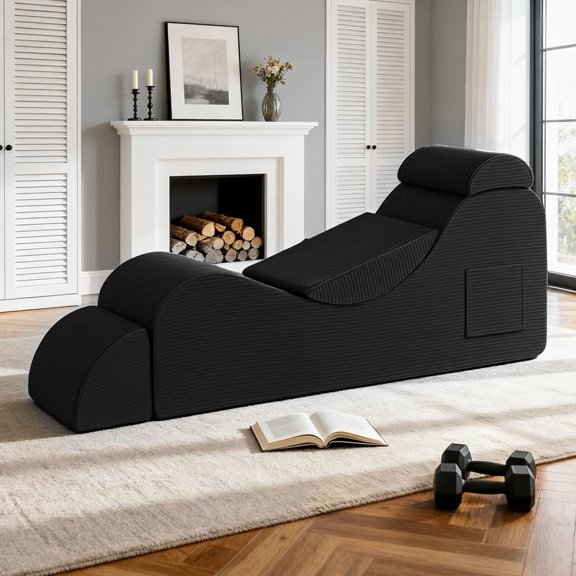 Yoga Chair for Adult, Chaise Lounge Chair with Headrest, Waist Pad, Ottoman, Side Pocket, High Density Foam and Non-Slip Bottom, Yoga Chair for Stretching Exercise, Massage, and Relaxation