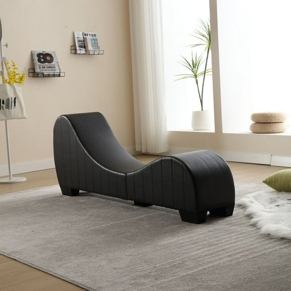 Yoga Chaise Lounge for Stretching & Relaxation Modern Faux Leather Curved Sofa for Living Room Bedroom Black