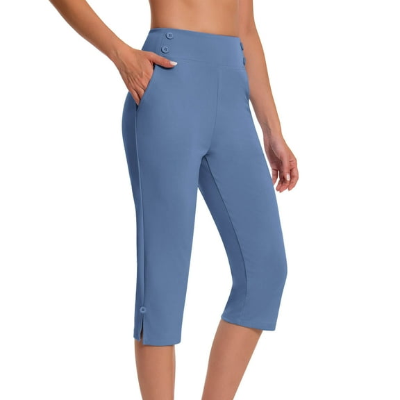 Yoga Cropped Capris Pants for Womens Put On Stretch High Waisted Yoga Pants Tummy Control Athletic-Fit Yoga Gym Sweatpant Workout Running Riding Trouser with Pockets