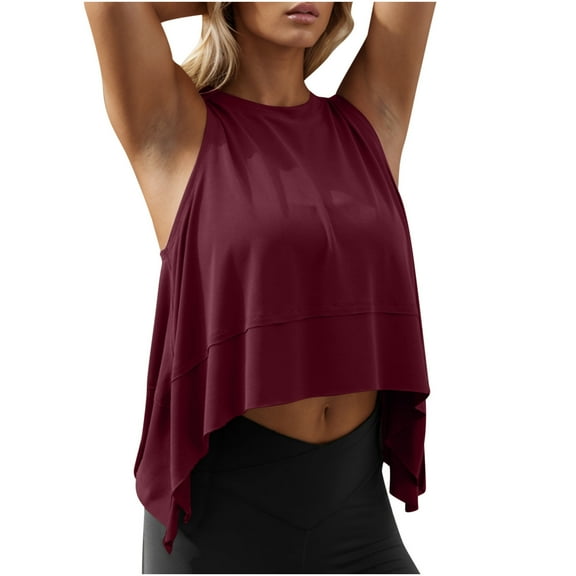 Yoga Cropped Tank Tops For Women Casual Sleeveless Loose Fit Shirts Round Neck Top Side Split Slit Tunic Shirt Open Backe Workout Vest Gym Athletic Outfits