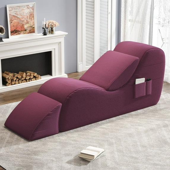 Yoga Curve Chair, Corduroy Yoga Chaise Lounge Chair for Adults, With Lumbar Pillow, Side Pocket, Ottoman, Modern Yoga Couch for Stretching and Relaxation, Red