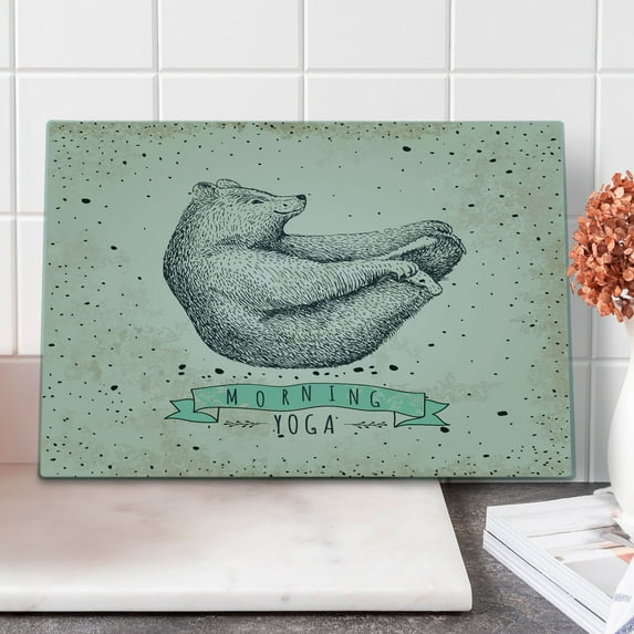 Yoga Cutting Board, Contemporary Illustration of Meditating Bear on Vintage Background Calm Life, Decorative Tempered Glass Cutting and Serving Board, Large Size, Cream Black Green, by Ambesonne