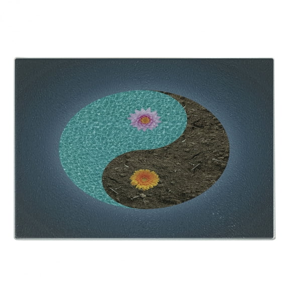 Yoga Cutting Board, Yin Yang with Flowers Peace Balance Earth Opposite Contrary Forces Art, Decorative Tempered Glass Cutting and Serving Board, Small Size, Slate Blue Turquoise, by Ambesonne