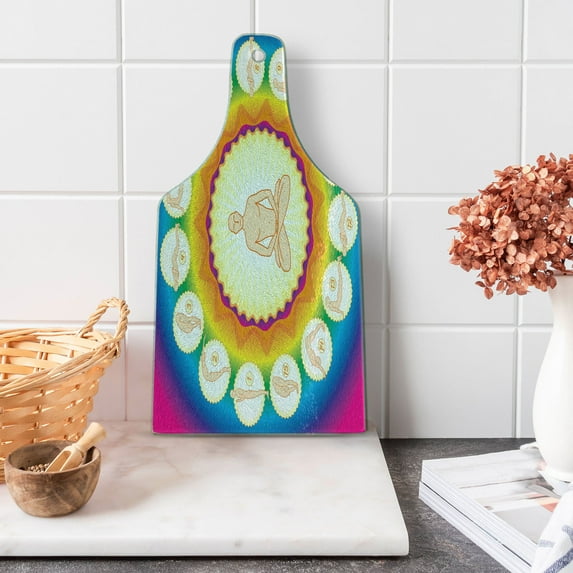 Yoga Cutting Board, Yogi in the Lotus Posture and Exercises in Several Positions Surya Namaskar Vitality, Tempered Glass Cutting and Serving Board, Wine Bottle Shape, Multicolor, by Ambesonne