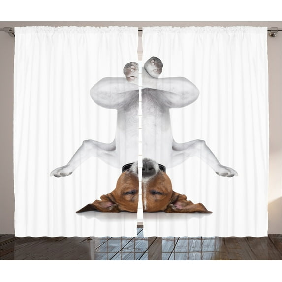 Ambesonne Funny Curtains 2 Panel Set, Dog Upside down Relax, 108" x 84", White Brown