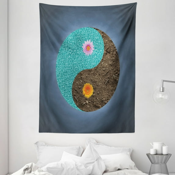 Yoga Decor Wall Hanging Tapestry, Yin-Yang Image with Flowers Peace Balance in Earth Opposite Contrary Forces Art, Bedroom Living Room Dorm Accessories, 60 X 80 Inches, by Ambesonne