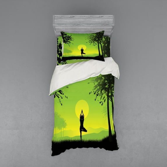 Yoga Duvet Cover Set, Meditating Lady Under Sunset Sky in Forest Serenity Balance Soul Nature Art, Bedding Set with Shams and Fitted Sheet, 3 Sizes, by Ambesonne