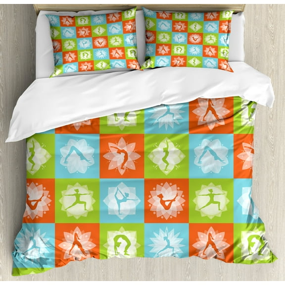 Yoga Duvet Cover Set, Mind and Body Theme Different Yoga Poses with Lotus Flower Motifs Colorful, Decorative 3 Piece Bedding Set with 2 Pillow Shams, King Size, Orange Green Sky Blue, by Ambesonne