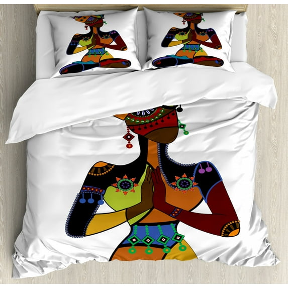 Yoga Duvet Cover Set Queen Size, Woman Figure in Ethnic Style Costume Praying Culture Religion Enlightenment Grace, Decorative 3 Piece Bedding Set with 2 Pillow Shams, Multicolor, by Ambesonne