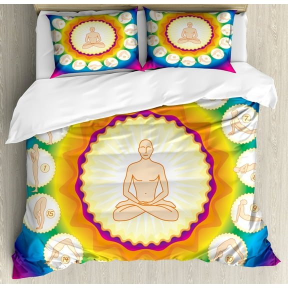 Yoga Duvet Cover Set Queen Size, Yogi in The Lotus Posture and Exercises in Several Positions Surya Namaskar Vitality, Decorative 3 Piece Bedding Set with 2 Pillow Shams, Multicolor, by Ambesonne