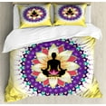 thumbnail image 1 of Yoga Duvet Cover Set, Round Circle for Yoga Lotus Sitting Posture Peaceful Mind Workout Print, Decorative 3 Piece Bedding Set with 2 Pillow Shams, King Size, Yellow Purple Black, by Ambesonne, 1 of 3