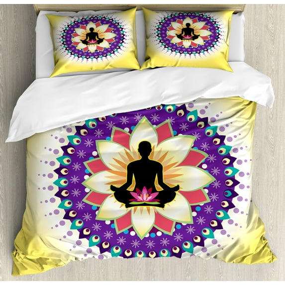 Yoga Duvet Cover Set, Round Circle for Yoga Lotus Sitting Posture Peaceful Mind Workout Print, Decorative 3 Piece Bedding Set with 2 Pillow Shams, King Size, Yellow Purple Black, by Ambesonne