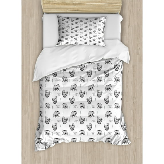 Yoga Duvet Cover Set Twin Size, Bears with Various Meditation Poses Monochrome Asian Culture Inspirations Posture, Decorative 2 Piece Bedding Set with 1 Pillow Sham, Black White, by Ambesonne