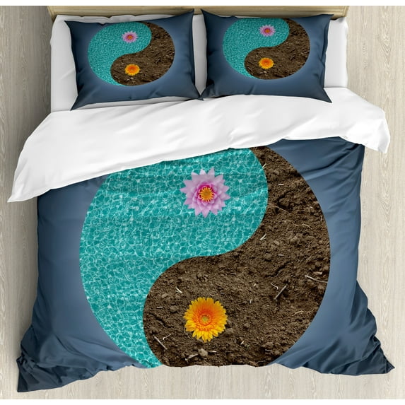 Yoga Duvet Cover Set, Yin Yang with Flowers Peace Balance Earth Opposite Contrary Forces Art, Decorative 3 Piece Bedding Set with 2 Pillow Shams, King Size, Slate Blue Turquoise, by Ambesonne