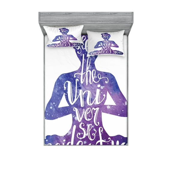 Yoga Fitted Sheet & Pillow Sham Set, Female Silhouette with Watercolor Space Design Inspirational Words, Decorative Printed 6 Piece Bedding Decor Set, King, Violet and White, by Ambesonne