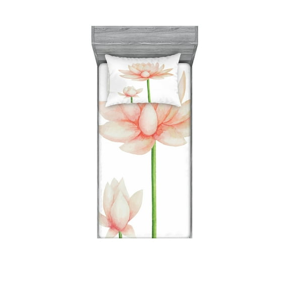 Yoga Fitted Sheet & Pillow Sham Set, Pastel Colored Blooming Lotus Flower Romantic Fresh Garden Plant Spa Theme, Decorative Printed 4 Piece Bedding Decor Set, Twinxl, Peach Green White, by Ambesonne