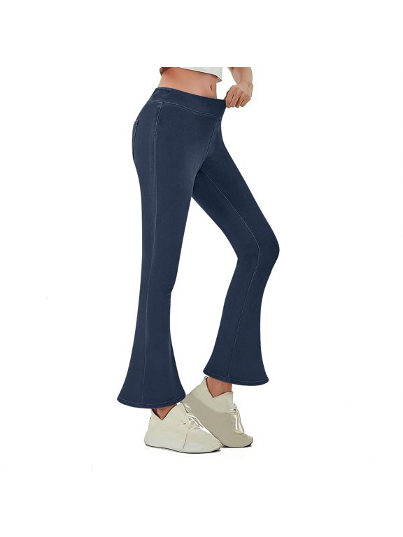Yoga Flare Leggings for Women Denim Print Bell Bottom Tummy Control Bootcut Pants Workout Skinny Crop Jean Leggings,High Waist Bootcut Jeans Flared Trousers Jeggings with Pockets Denim Look Jeggings
