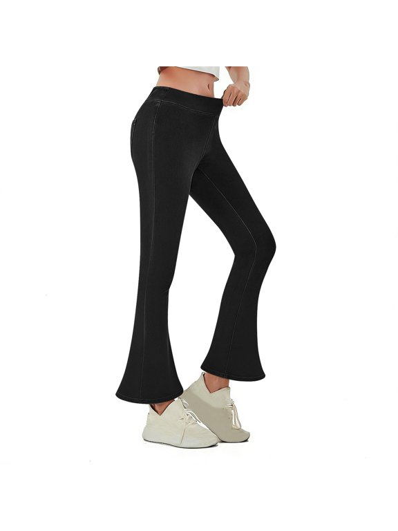 Yoga Flare Leggings for Women Denim Print Bell Bottom Tummy Control Bootcut Pants Workout Skinny Crop Jean Leggings,High Waist Bootcut Jeans Flared Trousers Jeggings with Pockets Denim Look Jeggings