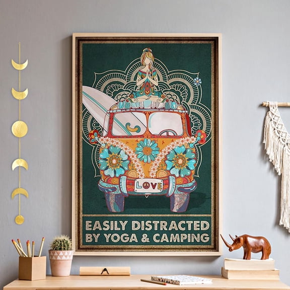 Yoga Girl Camper Van Wall Art, Easily Distracted By Yoga And Camping Print, Adventure Camper, Boho Yoga Camping Art Home Decor #3132, 12x18 UNFRAMED