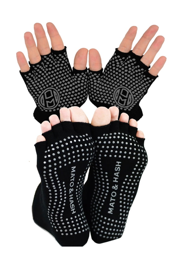 Yoga Gloves AND Socks COMBO PACK | Yoga Gear for Women & Men | by Mato & Hash - Black CA7050 CA7200 M/L