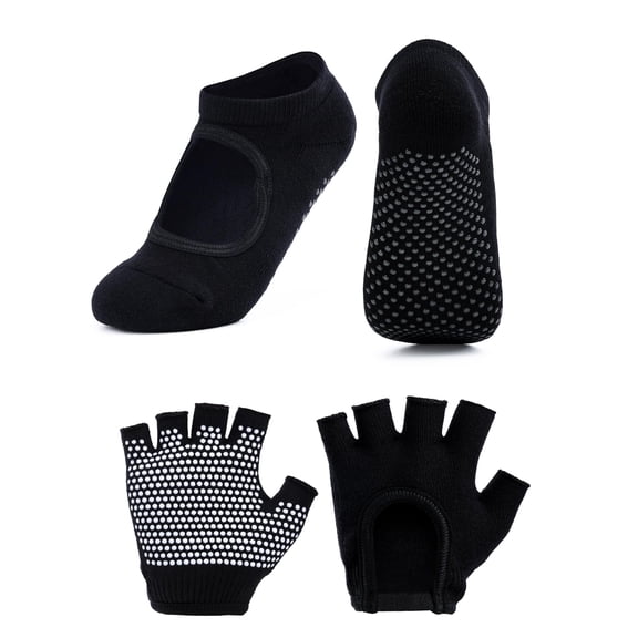 Yoga Grip Gloves and Socks Set for Women, Non Slip Fingerless Gym Gloves & Pilates Socks with Silicone Grips, Breathable Cotton Yoga Accessories for Pilates, Barre, Ballet, Workout