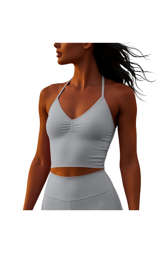 Yoga Halter Tank Tops for Women Ruched Open Back Cropped Bra Tops Running Athletic Workout Outfits Gray, L