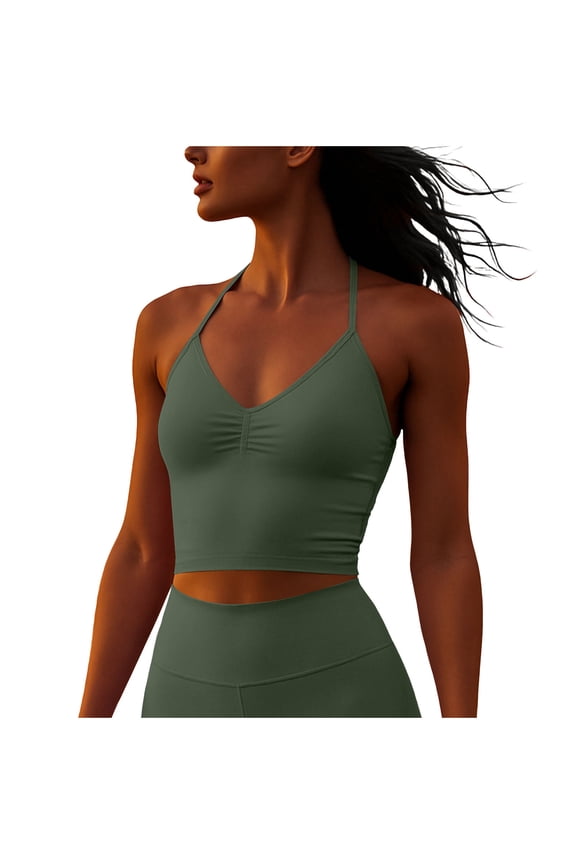 Yoga Halter Tank Tops for Women Ruched Open Back Cropped Bra Tops Running Athletic Workout Outfits Green, 2XL