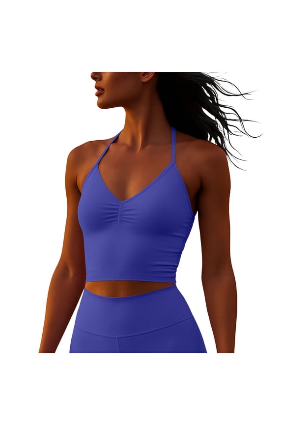 Yoga Halter Tank Tops for Women Ruched Open Back Cropped Bra Tops Running Athletic Workout Outfits Sky Blue, M