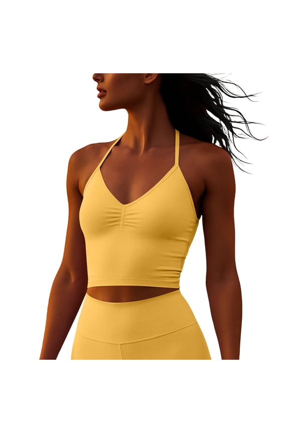 Yoga Halter Tank Tops for Women Ruched Open Back Cropped Bra Tops Running Athletic Workout Outfits Yellow, S