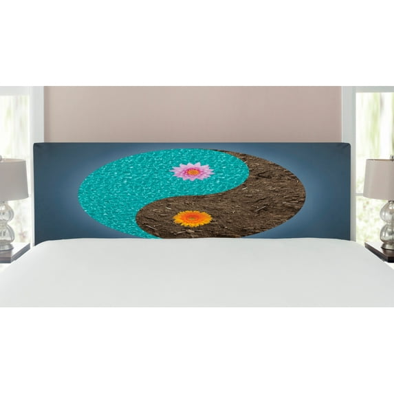Yoga Headboard, Yin Yang with Flowers Peace Balance Earth Opposite Contrary Forces Art, Upholstered Decorative Metal Bed Headboard with Memory Foam, King Size, Slate Blue Turquoise, by Ambesonne