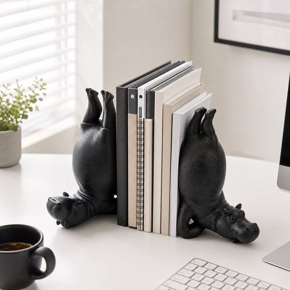 Yoga Hippo Bookends Decor, Resin Hippopotamus Statue Book Stopper with Funny Upside-Down Yoga Pose, Vintage Black Wood Grain Sculpture for Shelf, Desk & Living Room Home Decor Ornament