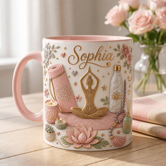 Yoga Instructor Mug Personalized Name 3D Effect Lotus Flower Calm Pastel Gift