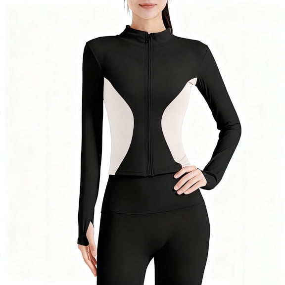 Yoga Jackets For Women Full Zip Stand Collar Long Sleeve Color Block Outwear Casual Sport Outfits Slim Fit (M, Black)
